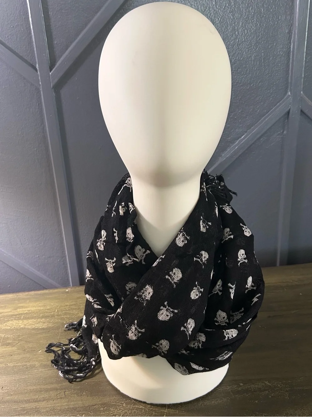 Black Scarf with White Skull Print Lightweight Scarf
